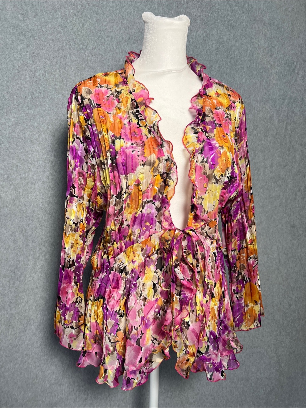 exaggerated ruffle Romantic Elementz Sheer Floral Open Front Accent Cardigan L